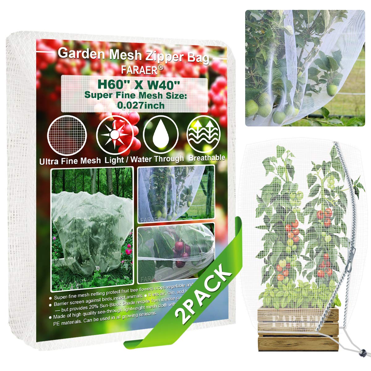 Garden Barrier Netting Bag, 2Pack Plant Covers 60''x40'' Mesh Bag with Zipper and Drawstring Ultra Fine Mesh Protection Netting for Vegetable Fruits Flowers Protect Against Birds Deer Protective Net