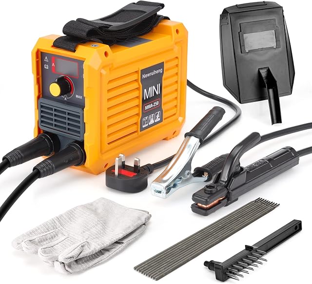 250Amp MMA Welder, Portable ARC Welding Machine Kit, Hot Start Stick Welder IGBT Digital Display LCD Electric Welder Machine with Electrode Holder,Earth Clamp,Mask,Brush,Welding Rods,Gloves (Yellow)