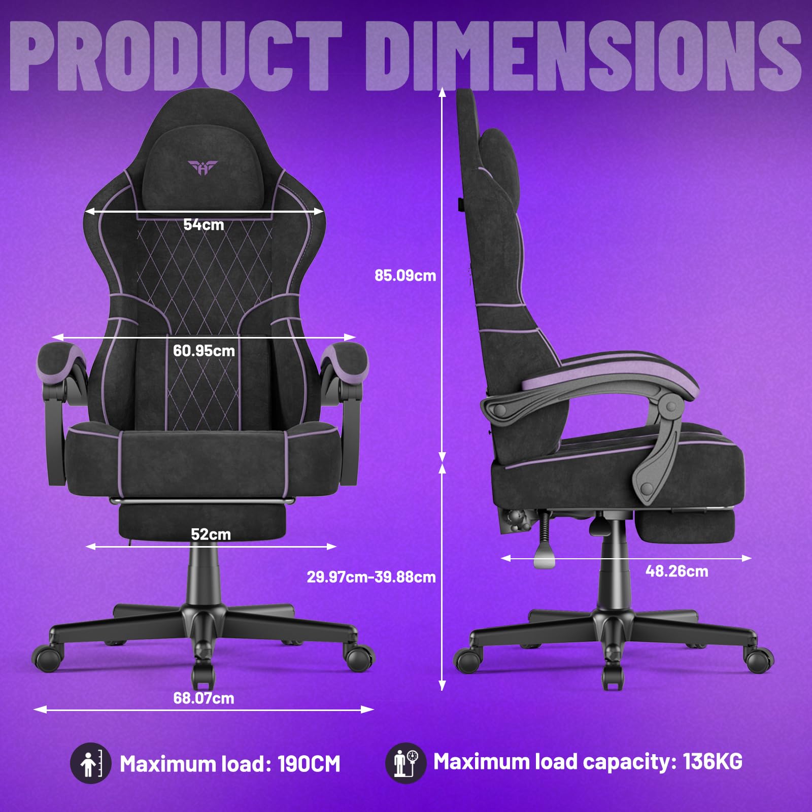 Soontrans Sedia da Gaming con Poggiapiedi, Sedia Gaming Ergonomica con Poggiatesta & Cuscino Lombare Massaggio, Pelle Scamosciata, Sedie Gaming per Youtube Livestreaming Playstation (Nero&Viola)