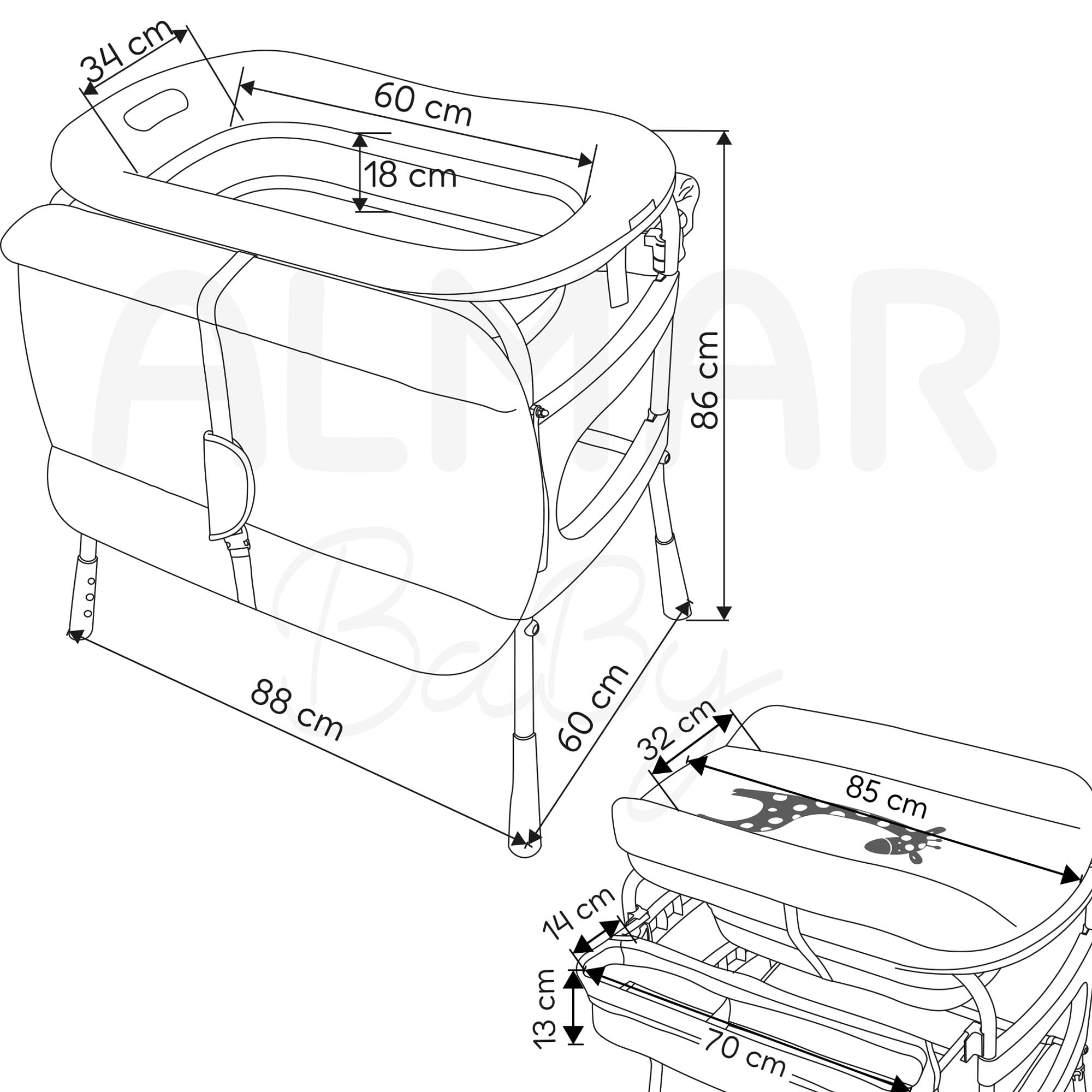 Wickelauflage mit Babywanne faltbar mit Rollen und Organizer | 2-in-1: Wickeltisch und Badewanne, Ablaufschlauch, wasserdichte Matratze, Rollen mit Bremse, geräumiger Stauraum