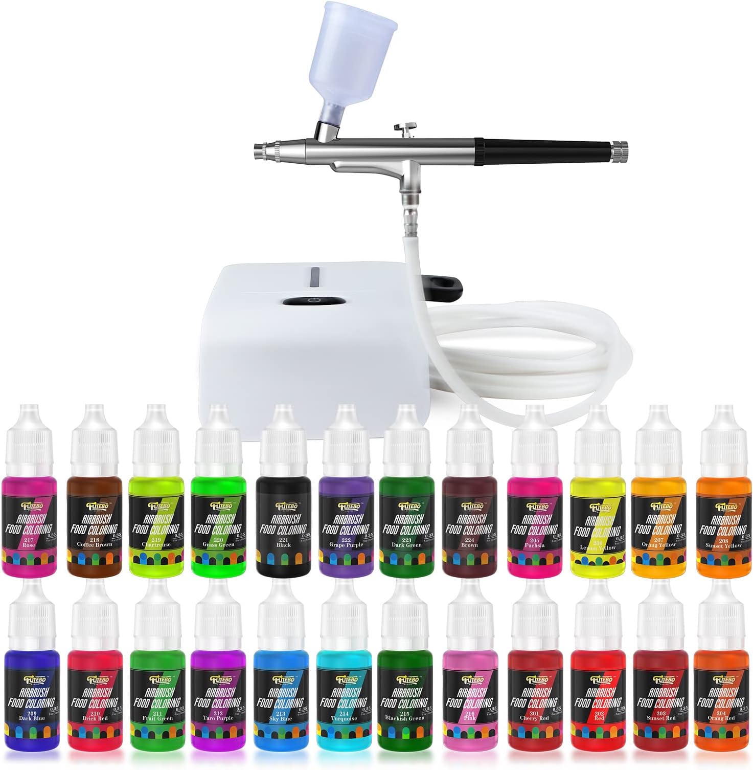 Cake Airbrush Decorating Kit with Compressor: Futebo Cookie Airbrush Kit with 24 Vivid Airbrush Liquid Food Colors, Decorate Cakes, Desserts or Other Baking Food(Color: White)