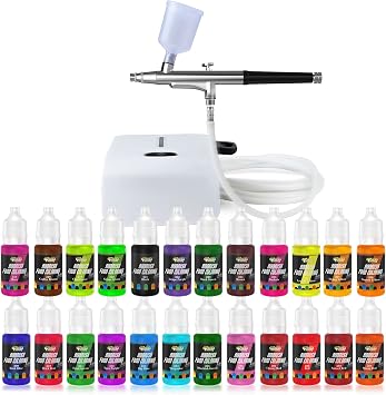Cake Airbrush Decorating Kit with Compressor with 24 Liquid Food Colors | White color. Perfect for cakes, cookies, desserts & more. Easy to use professional edible art at home!