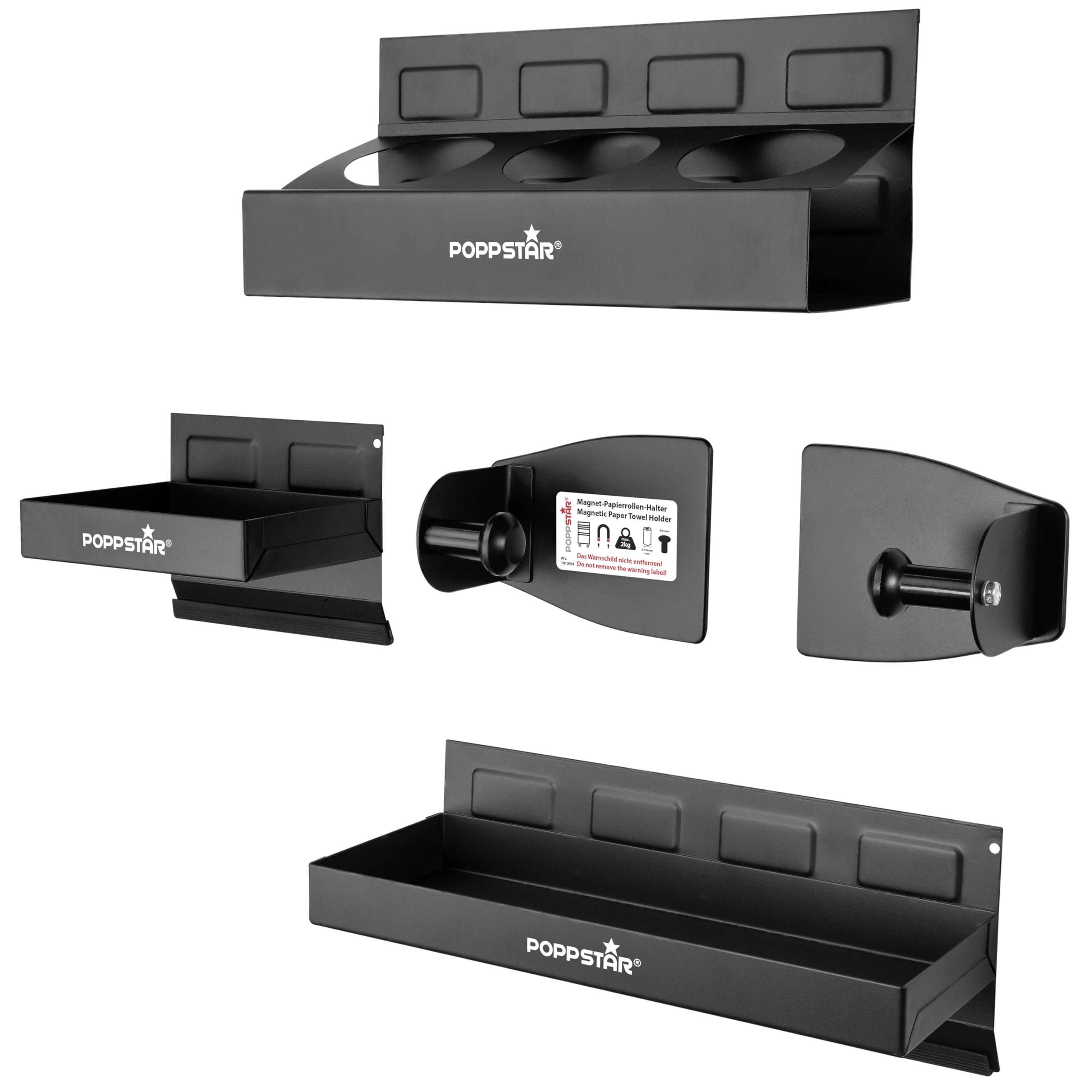POPPSTAR Magnetic Tool Tray Set, various sizes: 150mm, 210mm, 300mm, with magnetic paper roll holder, black