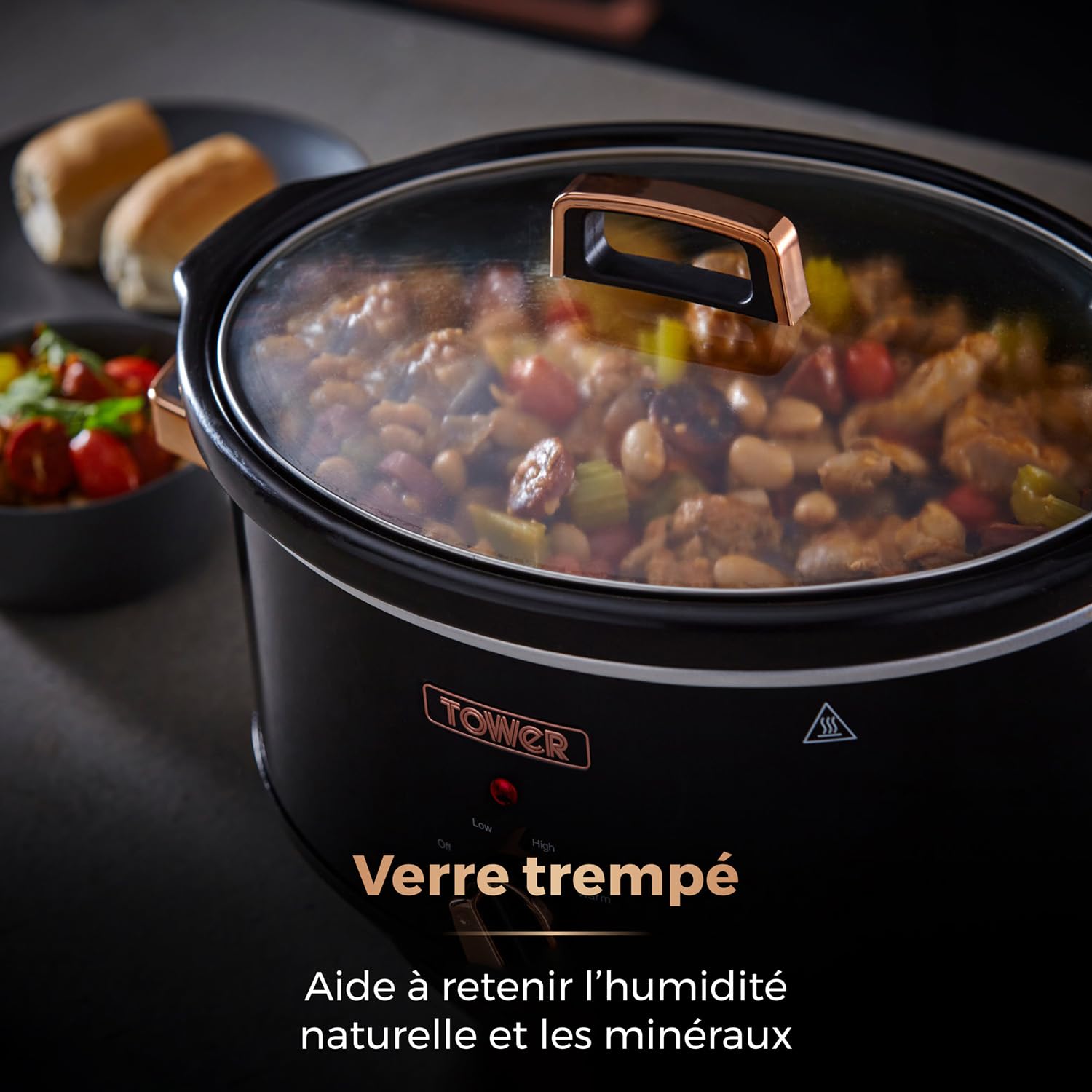 Tower T16019RG Infinity Mijoteuse Électrique - Mijoteuse - Poêle Électrique avec 3 Réglages de Chaleur et Fonction Maintien au Chaud - 6,5 L - 270 W - Noir et Or Rose