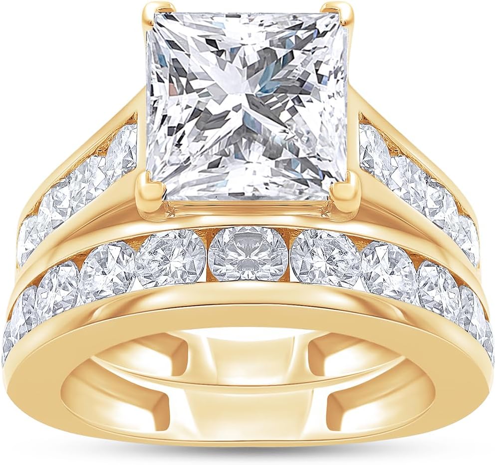 Bridal Ring Set Center Princess Cut & Round Moissanite Wedding Engagement Ring for Womens In 14k Gold Plated Sterling Silver jewlery 3 To 6 Carat (Clarity-VVS1)