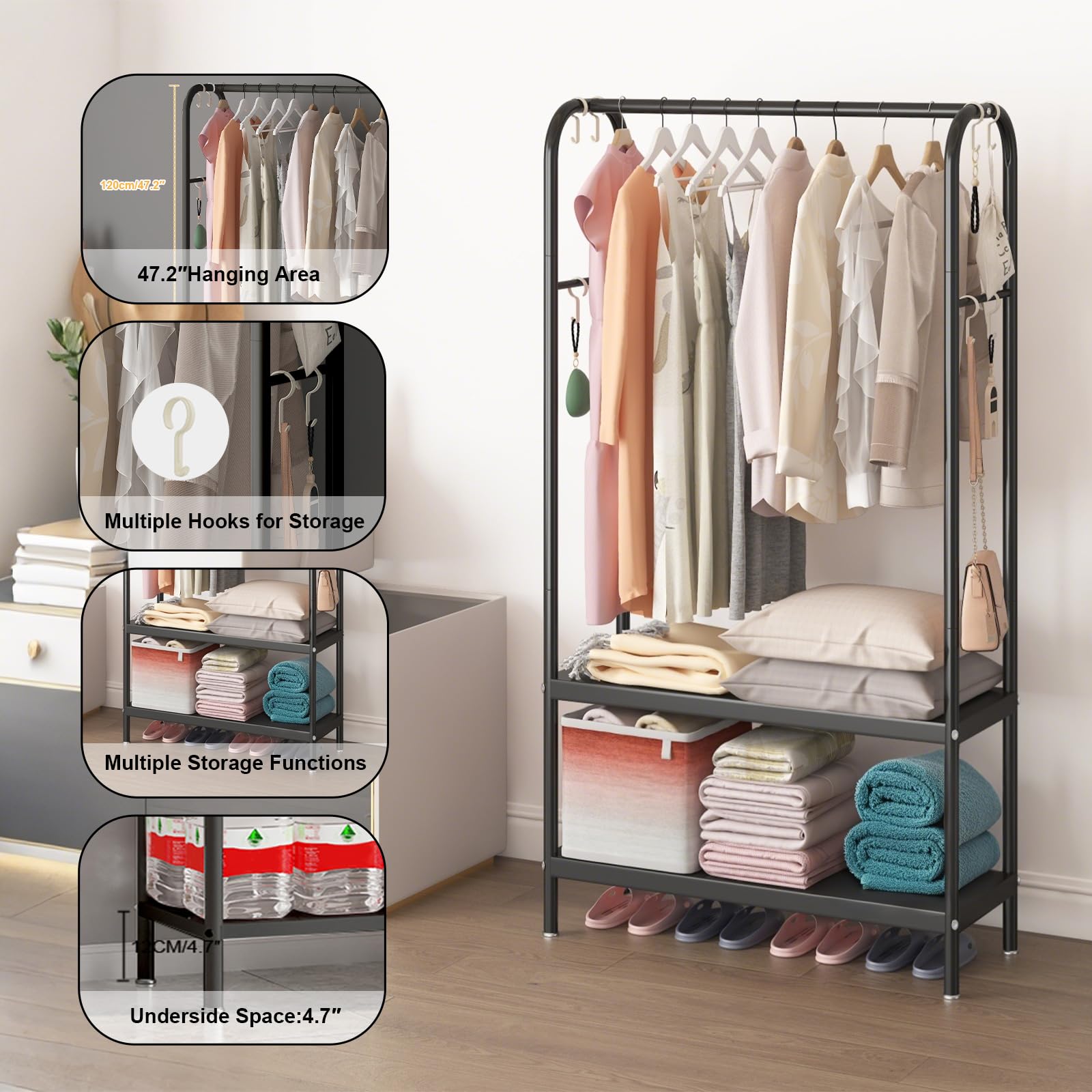 Zstar Appendiabiti in metallo per appendere vestiti, con ripiani a 2 livelli, 6 ganci, per negozio, camera da letto, spogliatoio, 80 x 33 x 172 cm, nero