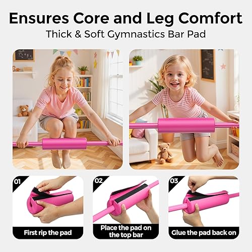 Miniatura 4 de Sportsroyals Barra de gimnasia para niños, barras horizontales de gimnasia de altura ajustable, barra de gimnasia plegable para el hogar, color rosa