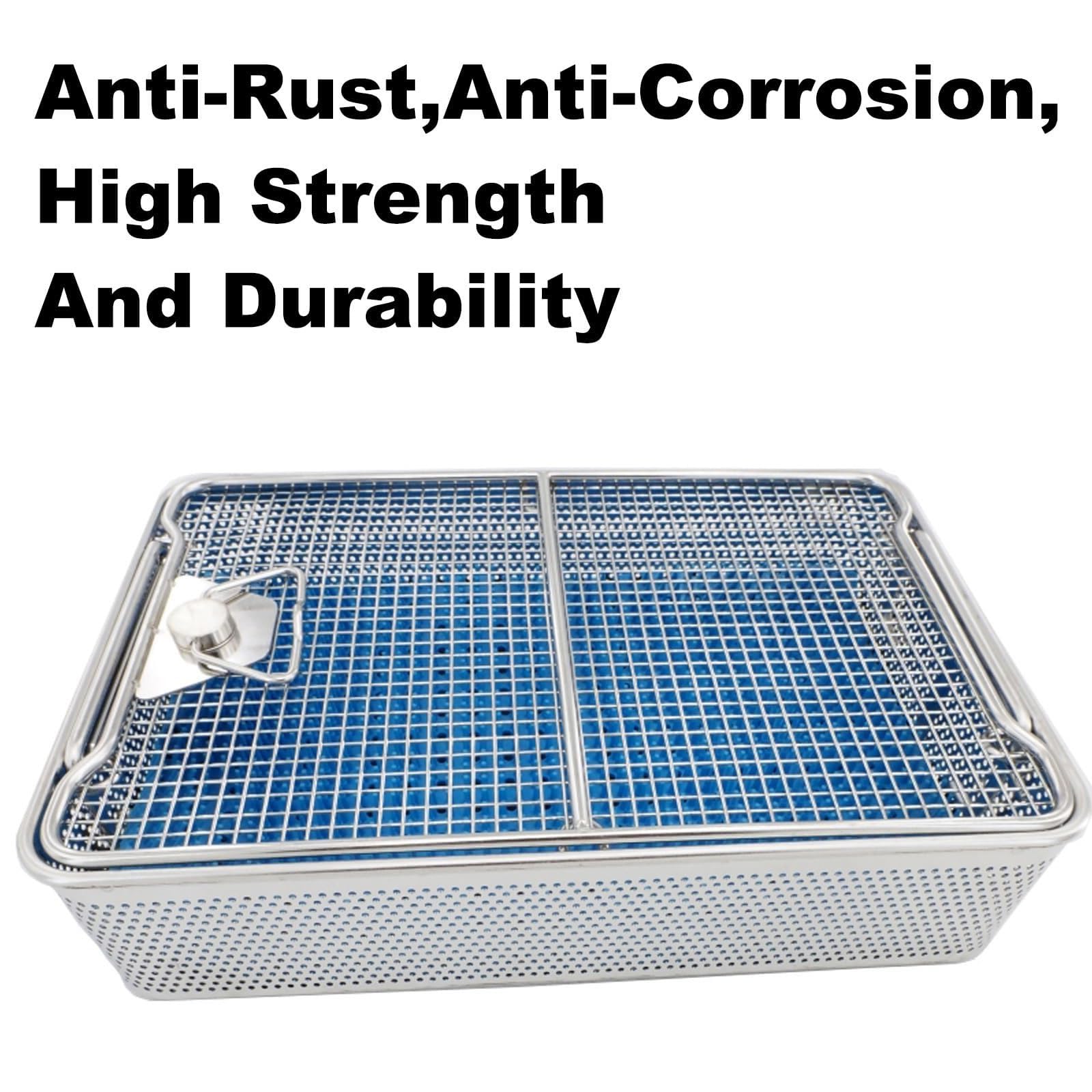 Caja Esterilización Instrumental Médico-quirúrgico Acero Inoxidable 304 Cesta De Esterilización Alta Temperatura Y Alta Presión con Tapa, Bandejas Dentales(17.7X11.8X2.8in)
