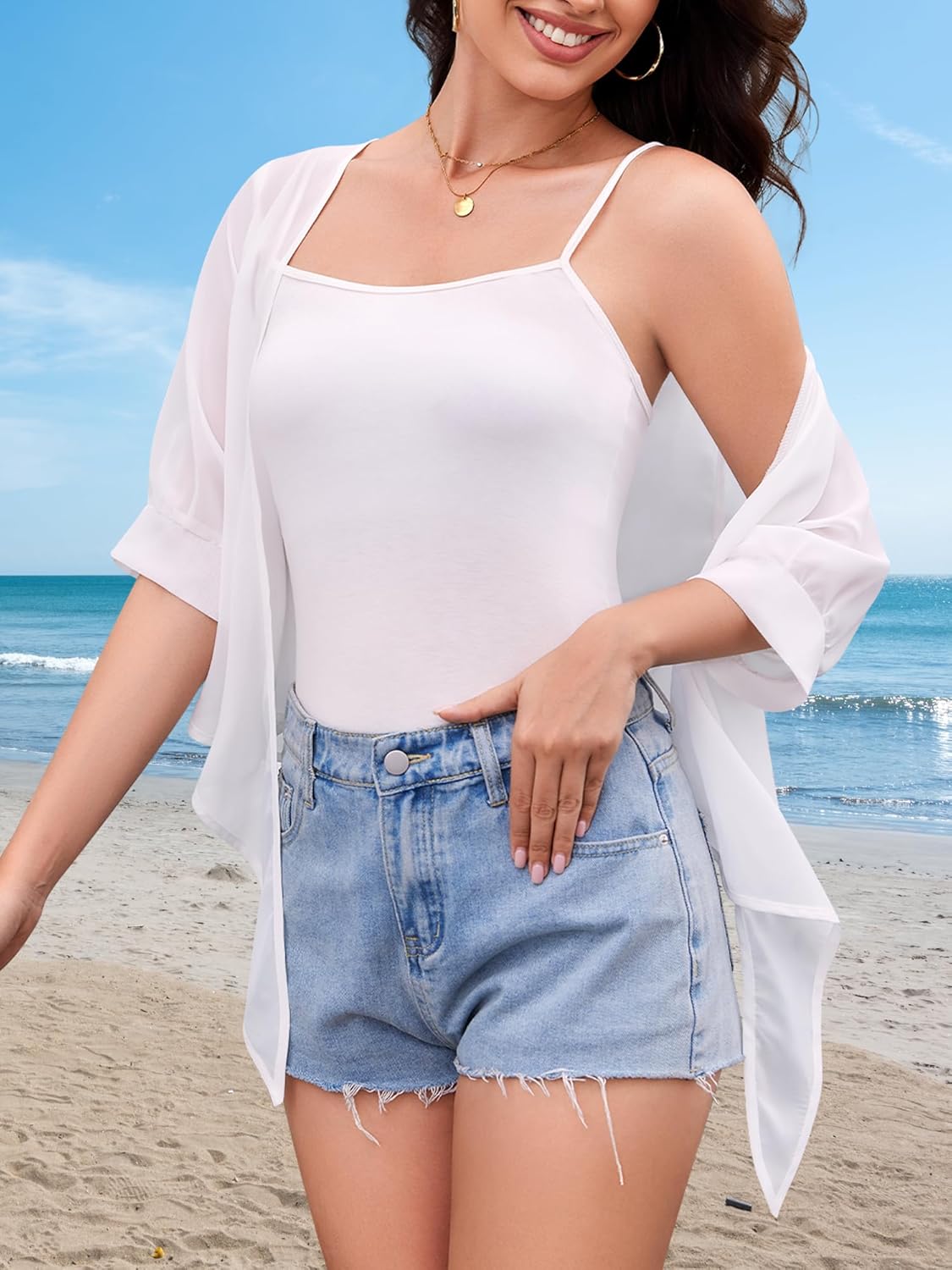 Women Shrug Cardigans Soft Chiffon Summer Tops 3/4 Sleeve Lightweight Cropped Cardigan Tie Front Bolero for Dresses - Image 3