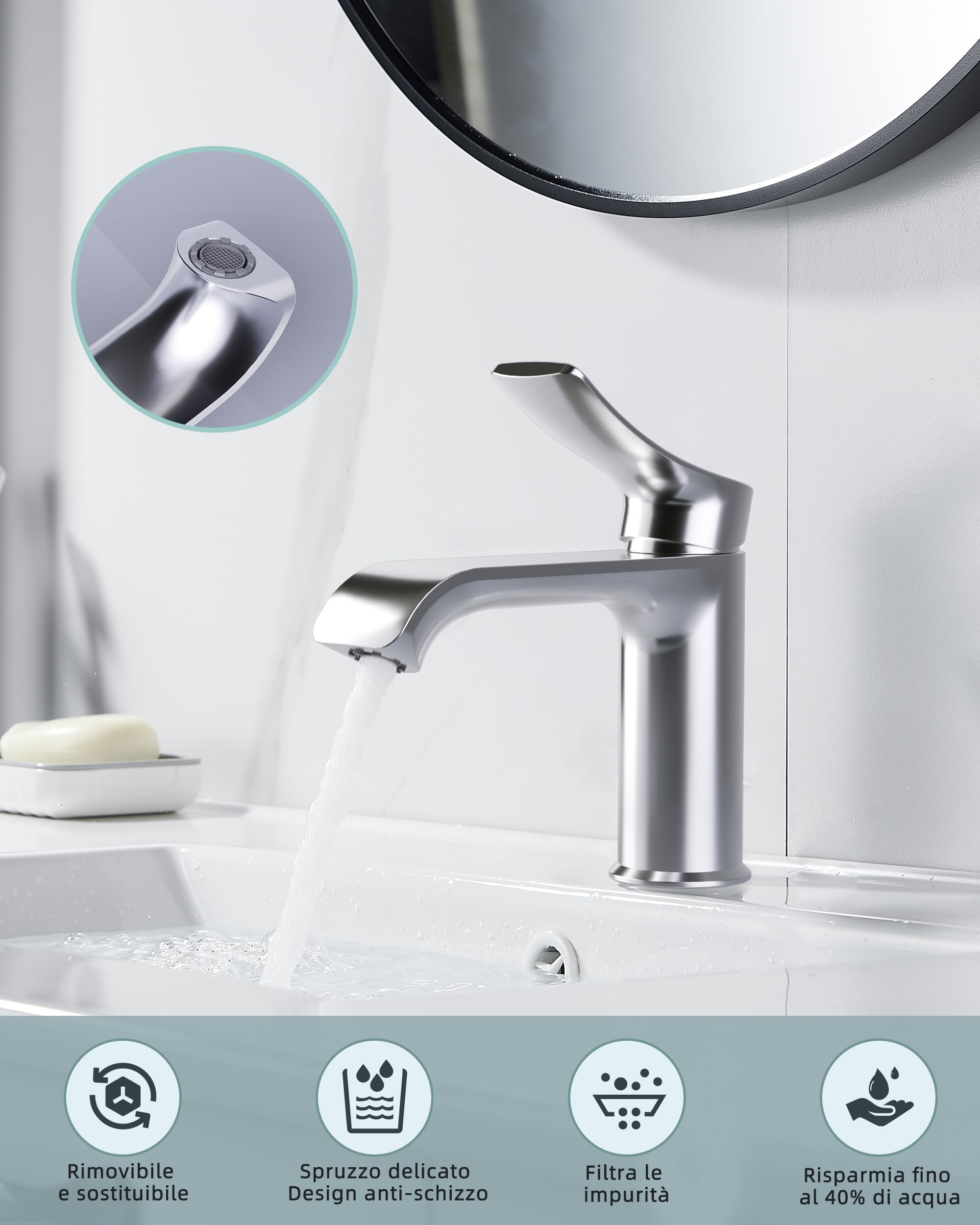 BELZ Rubinetto Monocomando per Lavabo di Bagno, Materiale Ottone Solido con Beccuccio 87mm, Senza Perdite e Risparmio Acqua, Adatto per Bagni e Servizi Igienici Ospitali, Cromato