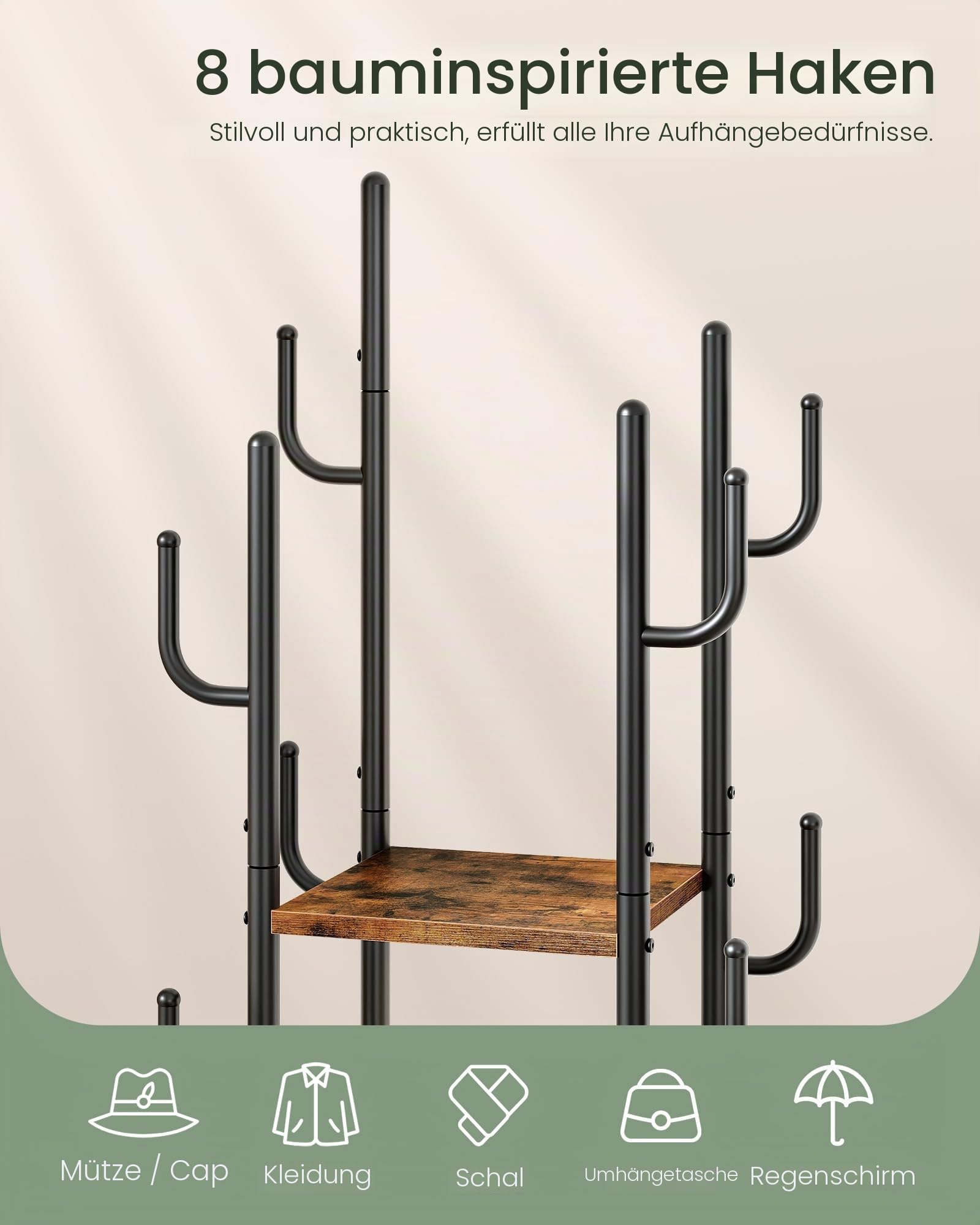 CHOEZON Kleiderständer, Garderobenständer mit Kleiderstange und Haken, Garderobe mit Ablagen, Vielseitiger Coat Rack, für Schuhe, Kleidung, Taschen, Hüte, Vintagebraun und Schwarz DTYM03BF
