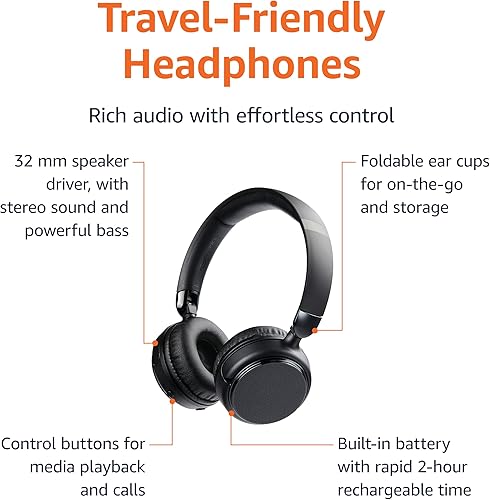 Miniatura 2 de Tienda Basics Auriculares inalámbricos Bluetooth con micrófono, reproducción de 35 horas, plegables, color negro