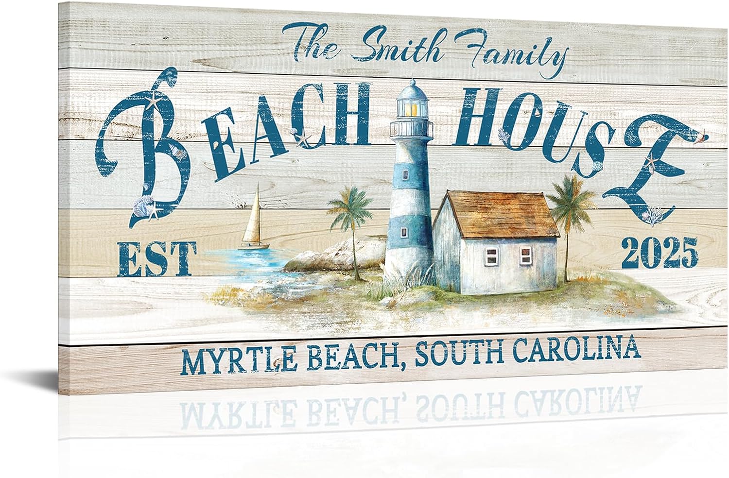 iLOOKLiKE Personalized Beach House Sign with Name Coastal and Nautical Wall Art Custom Lighthouse Themed Canvas Prints Gifts for Home Decor Cabin Lake House Accessories