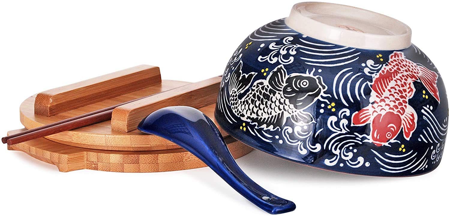 Japanese Kamameshi Rice Bowl Set - Vintage Style Ramen Bowl With Bamboo Lid & Chopsticks