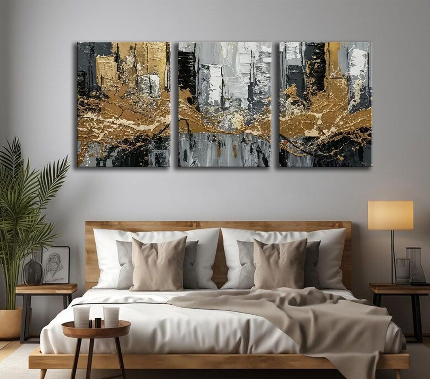 3Pcs Abstract Cityscape Canvas Wall Art Gold Gray Modern Skyline Poster Prints Gallery Wrapped Frameless Wall Decor for Living Room Bedroom Dining Room Office 12x16 Inch Ready to Hang