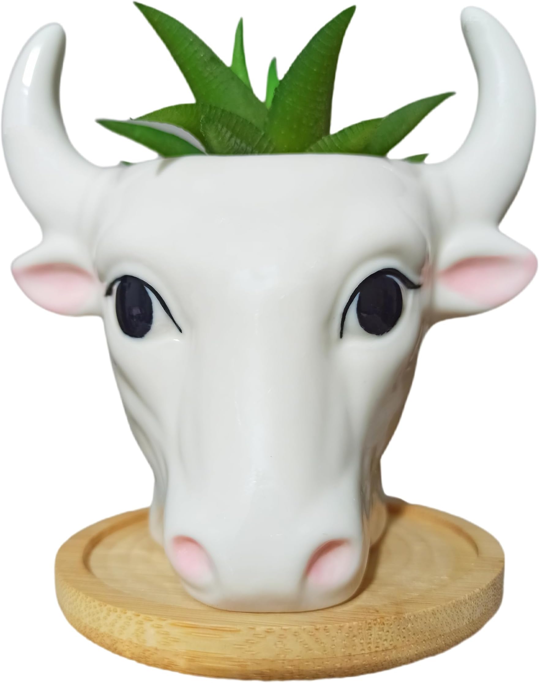 Succulent Pots,4.72 Inch Tall Cute Bull Shaped Cartoon Ceramic Succulent Cactus Flower Pot with Bamboo Tray -Plant Not Included