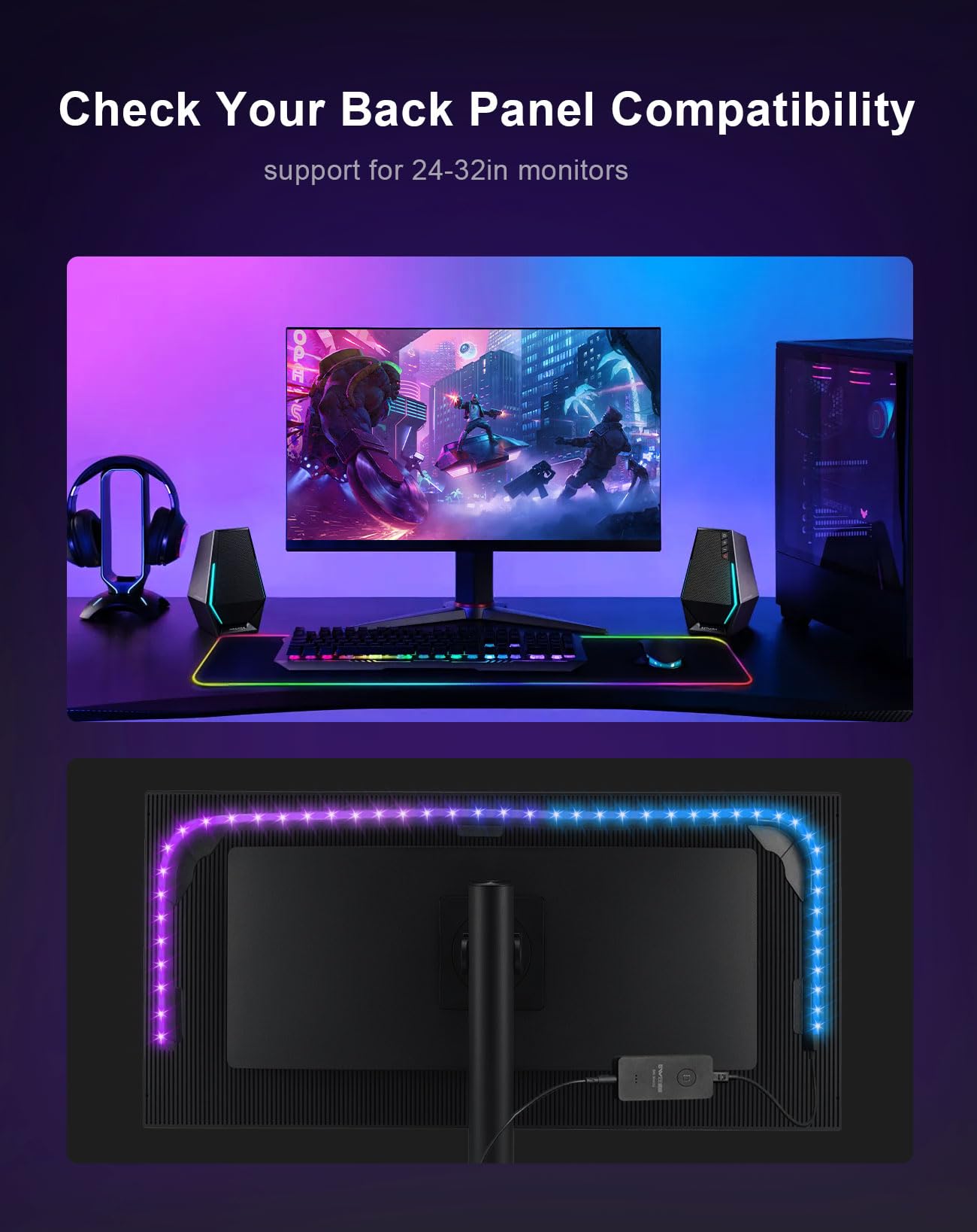 Striscia luminosa sfumata per PC per monitor da 24" a 27", luci LED sfumate per monitor retroilluminati, si adatta a monitor curvi, richiede un dongle di sincronizzazione USB