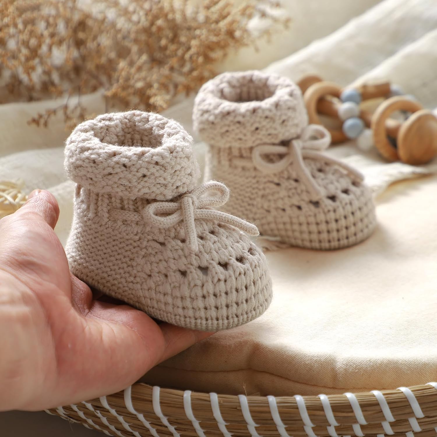 Baby Booties 100% Cotton Knitted Newborn First Cozy Warm Crib Shoes for Toddler Infant Boy Girl Babys Shower Gift