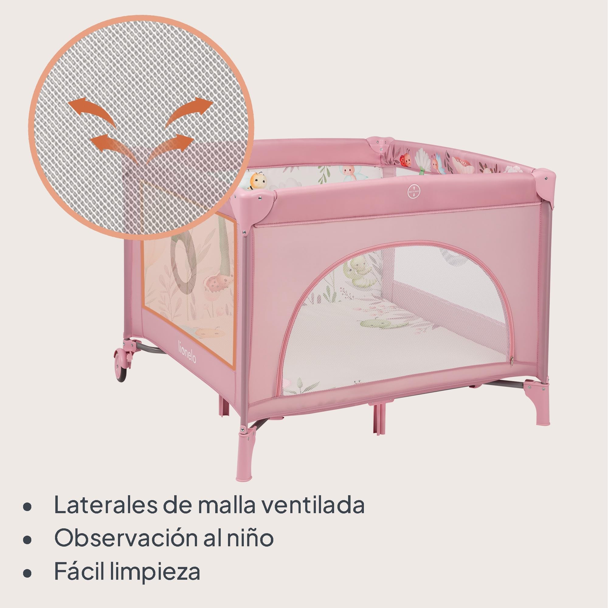 lionelo Parque de Juegos Infantil Mille Plus hasta 15 kg, de 0 a 36 meses, Entrada Lateral, Base acolchada 3D, 2 Ruedas con Freno, Plegable, Bolsa de Transporte incluida