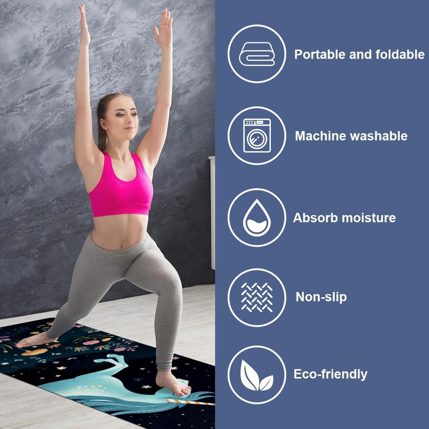 Yoga Towel, Galaxy Unicorn Pattern Non Slip Sweat Absorbent Hot Yoga Mat Towel for Hot Yoga, Pilates and Fitness - 72.8" x 26.8"