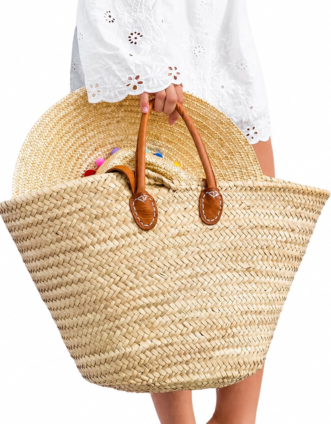 French Market Basket Straw Tote with Leather Handles Beach Bag Handmade