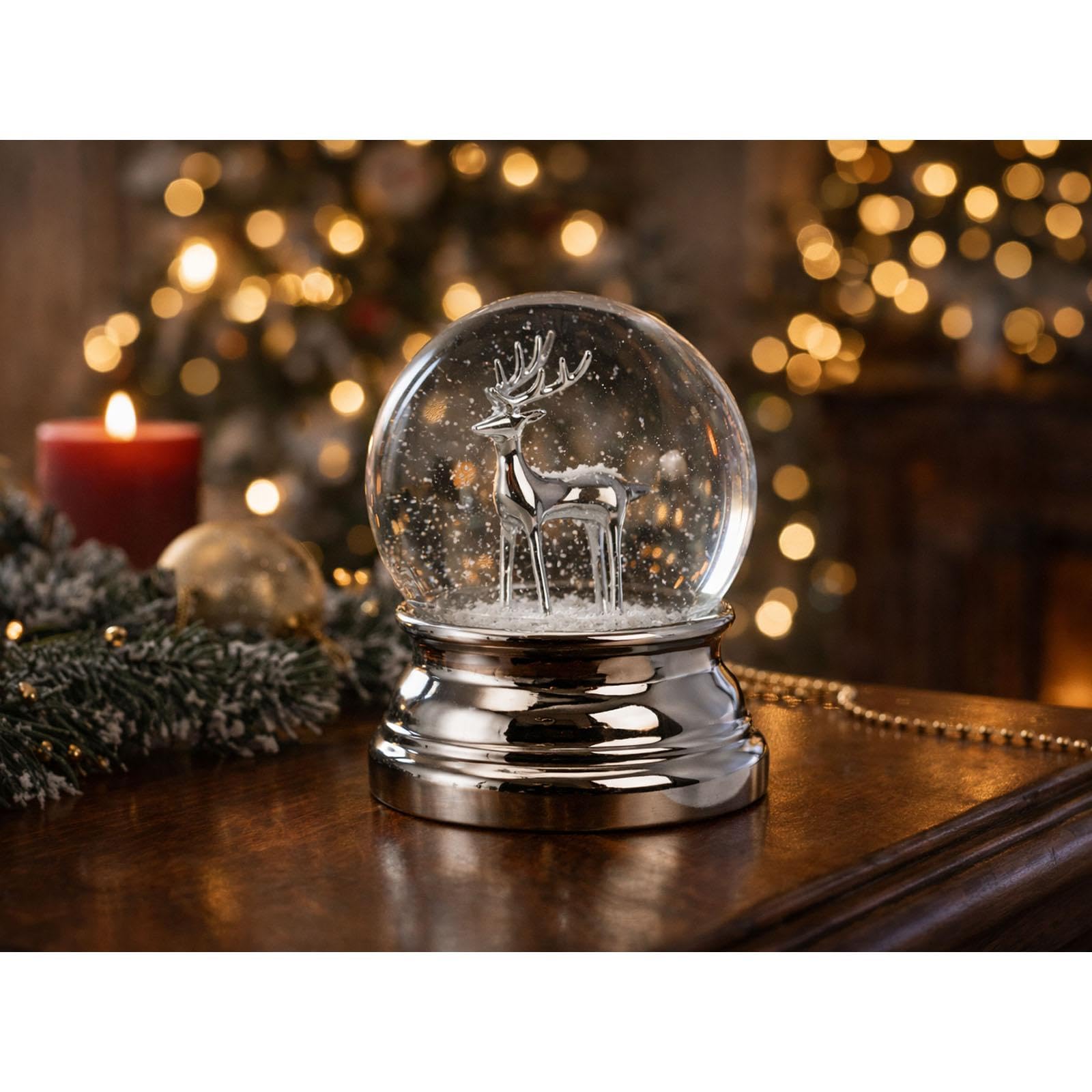 Petite boule à neige en verre argenté avec renne Ø 8 cm – Décoration de Noël pour l'hiver et Noël