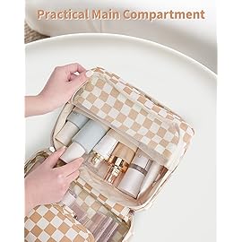 Narwey Small Hanging Travel Toiletry Bag for Women, Travel Bag for Toiletries, Checkered Makeup Bag Organizer Cosmetic Bags Make Up Bags for Girls (Brown Checkerboard)