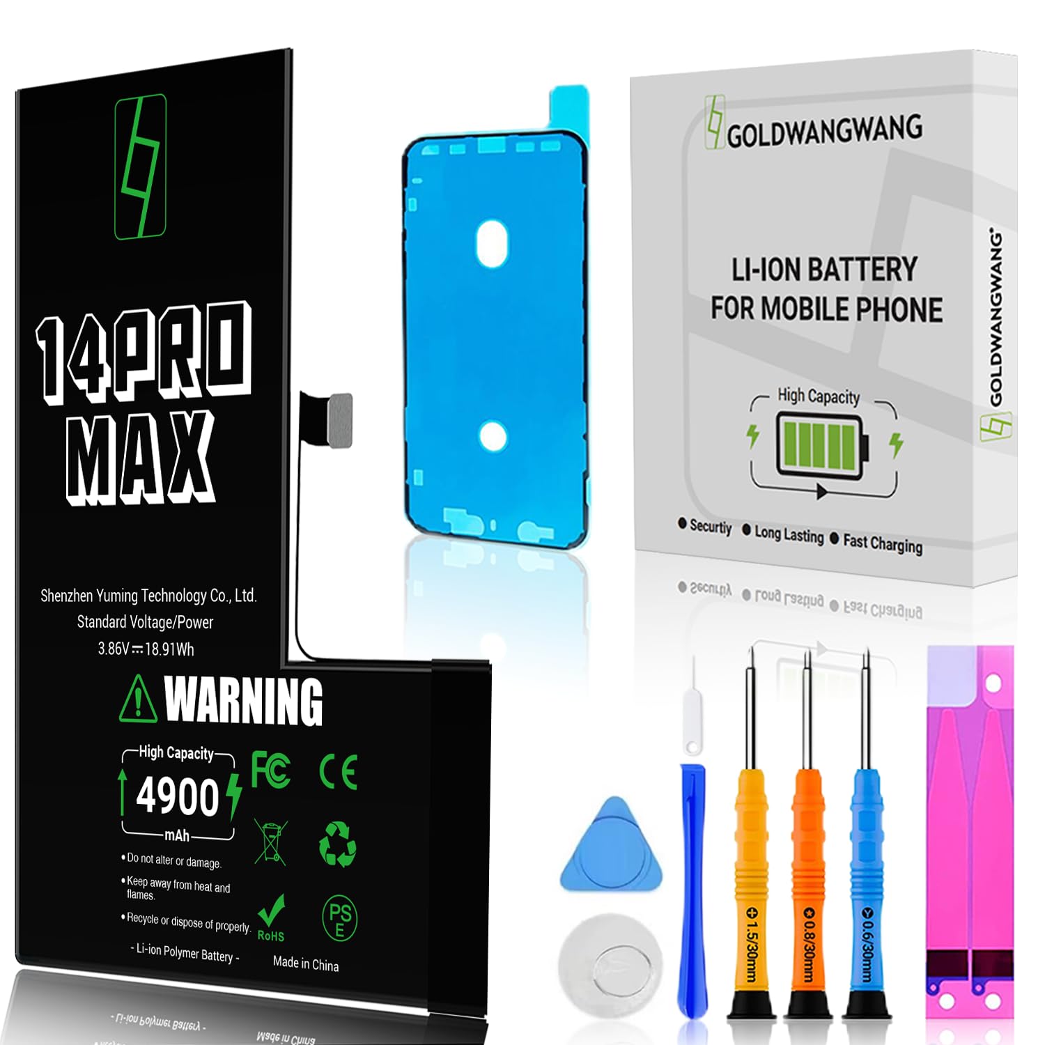 Batteria per iPhone 14 Pro Max, 4900mAh Alta Capacità, Compatibile con A2651 A2893 A2894 A2895 A2896, 0 Cicli, Kit di Riparazione Completo, Certificato CE/RoHS/FCC