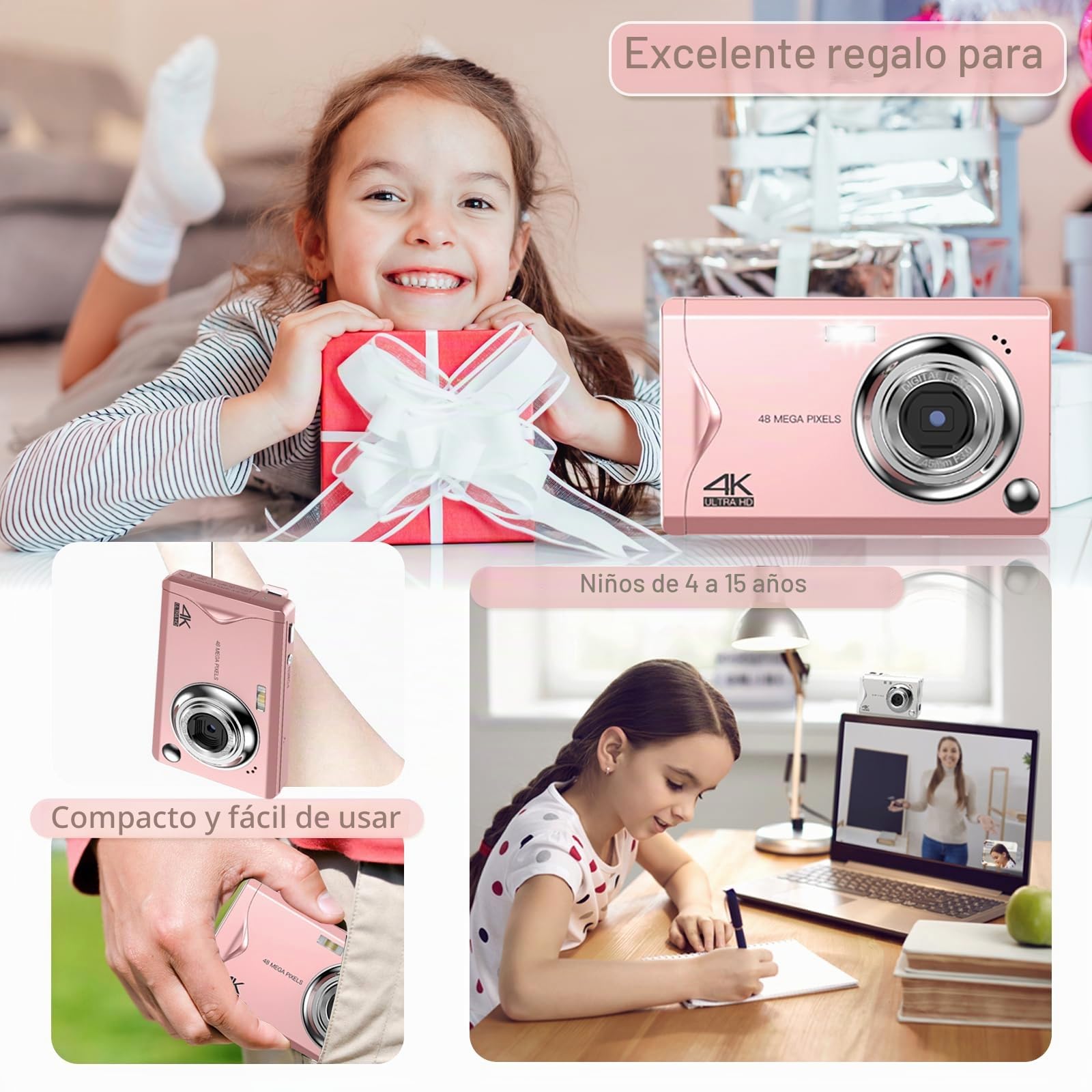 Cámara Digital 4K HD 1080P 48MP - Compacta Con Tarjeta SD 32GB, Pantalla LCD, Zoom Digital 16x Para Principiantes (Rosa)