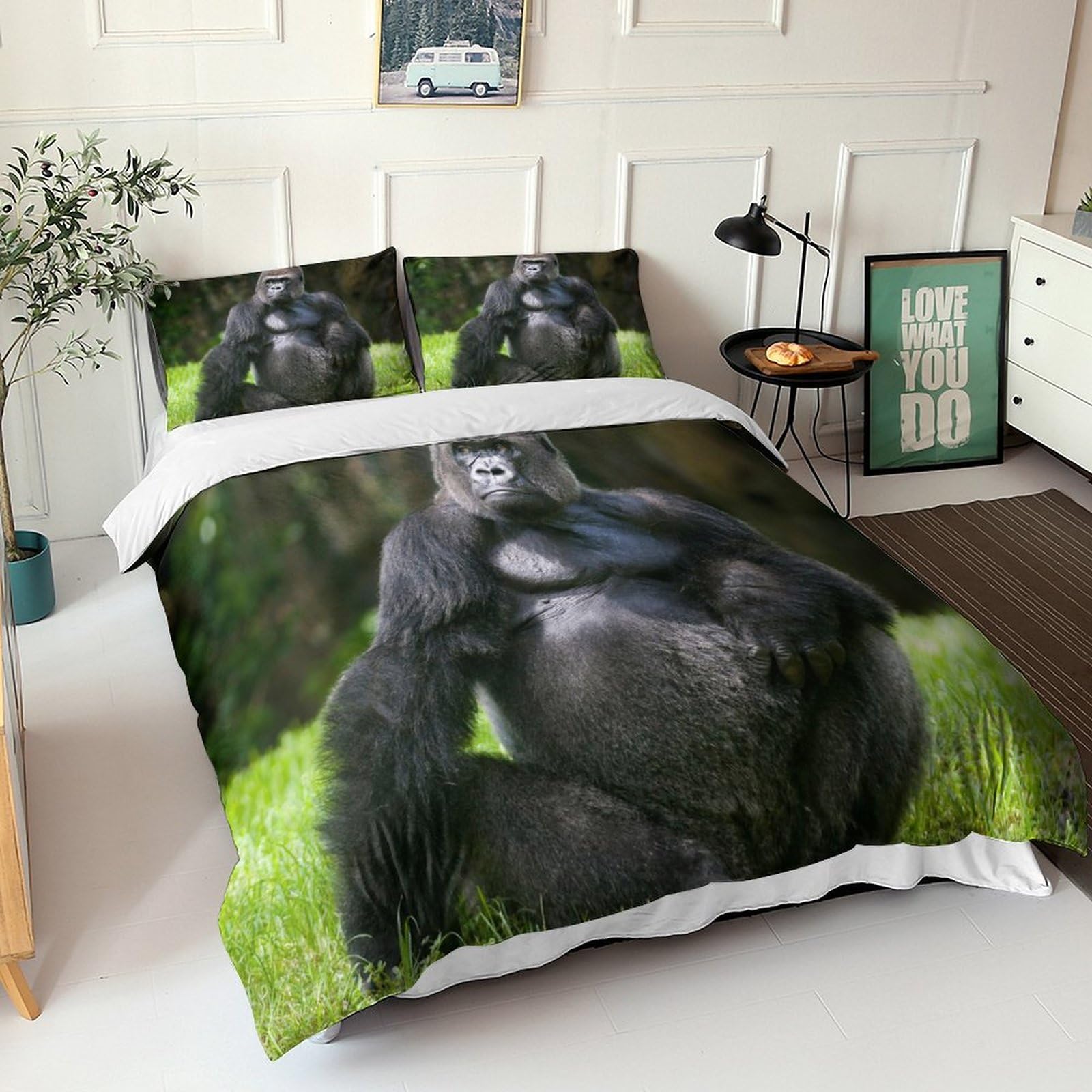 Parure de lit chimpanzé 3D en microfibre avec housse de couette King 220x240 et taies d'oreiller