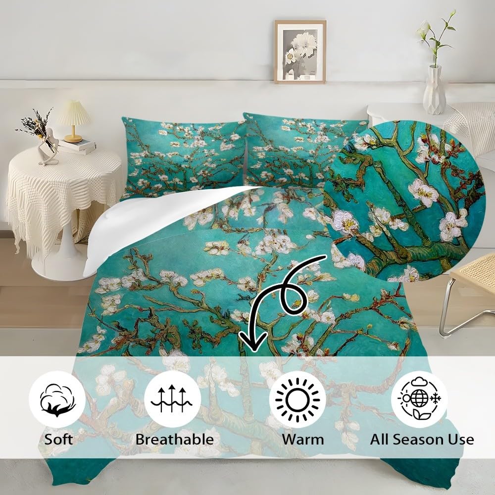 Zestaw pościeli Podwójna poszwa na kołdrę 240 x 220 cm rośliny kwiaty moreli gałązki drzew 3 szt. Miękka hipoalergiczna poszwa na kołdrę z mikrofibry z zamkiem błyskawicznym dla dorosłych, zielona