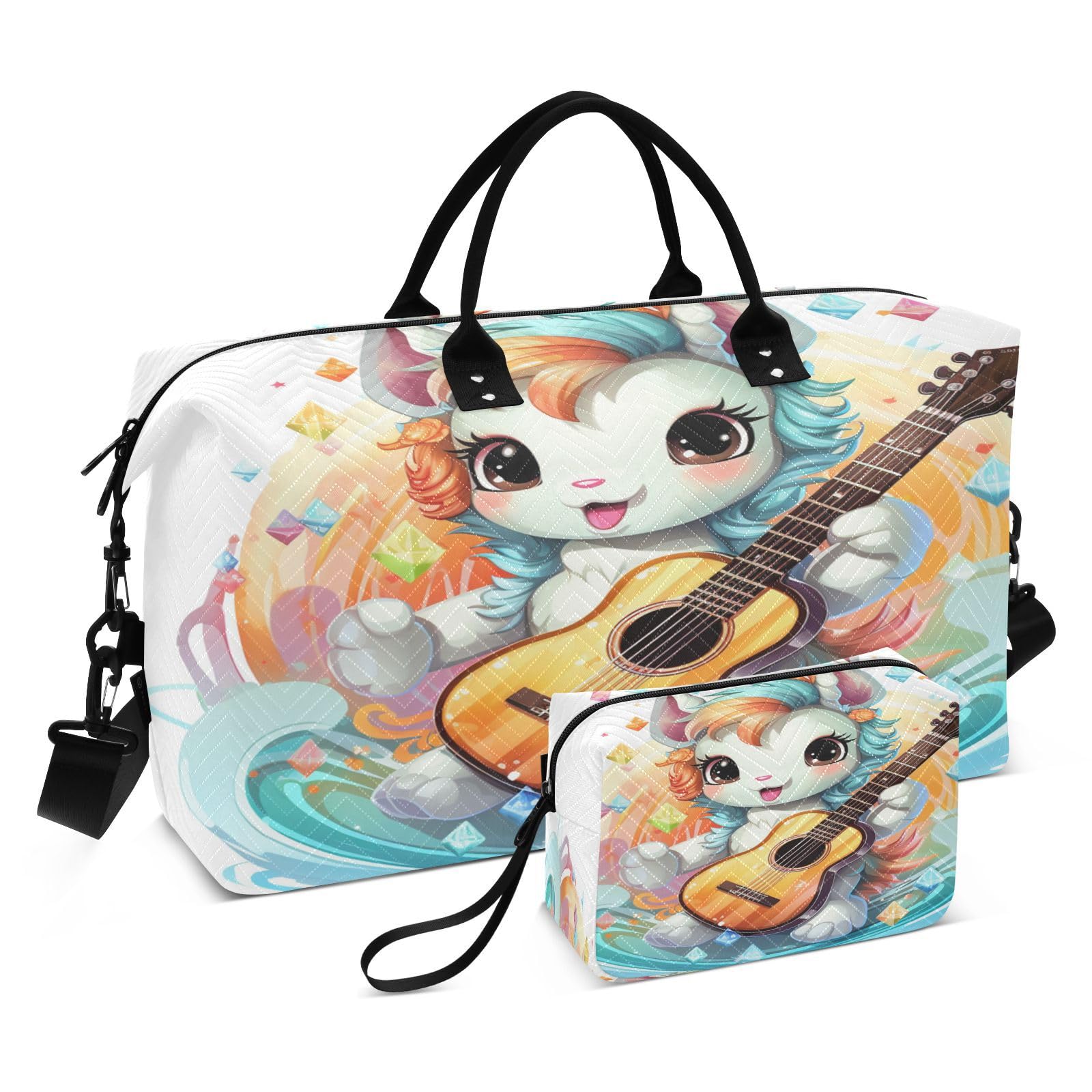 Cute Unicorn Play Music Sports Swim Gym Bag Weekender Duffel Travel Bags Handbag with Makeup Storage Bag for Girls Men