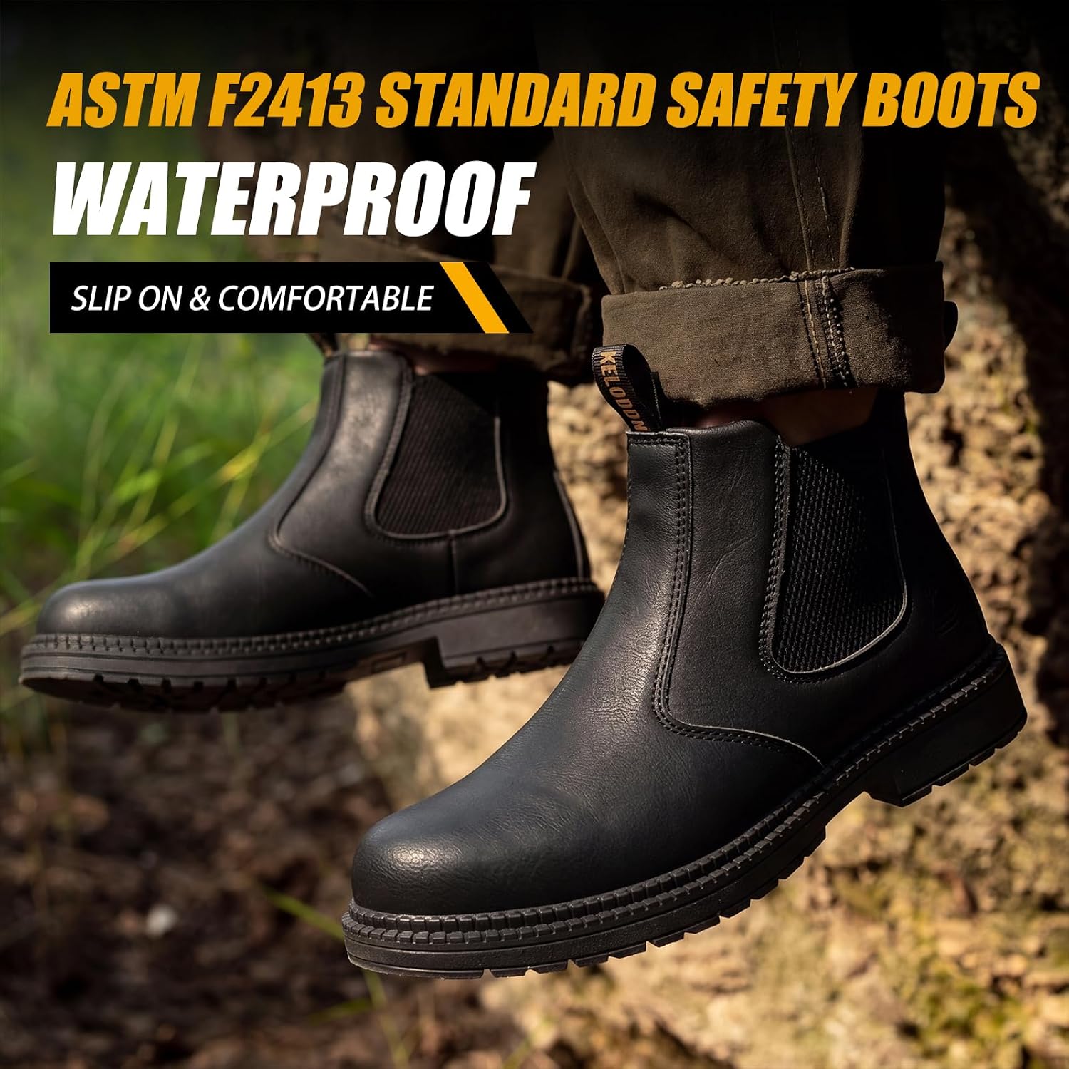 KELODON Slip On Steel Toe Boots For Men Waterproof Work Shoes