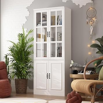 رف كتب Homsee طويل مع 5 أرفف تخزين وبابين زجاجيين، خزانة تخزين عرض خشبية للمكتب المنزلي، غرفة المعيشة، أبيض 31.5 واط x 15.7 د x 78.7 ح