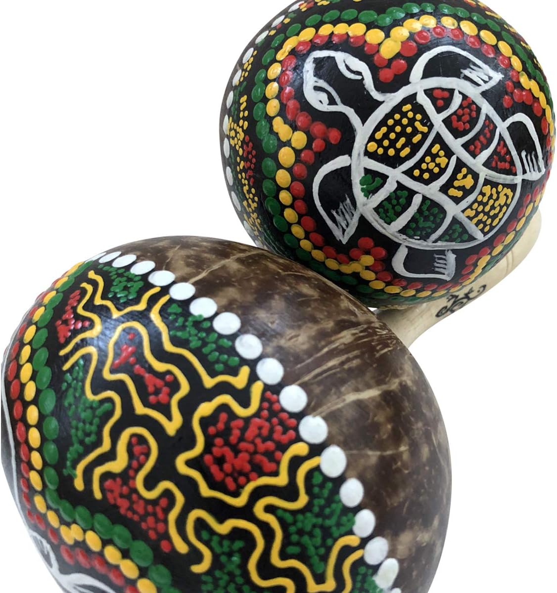 Large Coconut Maracas Shaker Pair - Authentic World Percussion Instrument - Hand-Painted Design, Stained Handle, Filled with Pebbles and Beads by World Percussion USA