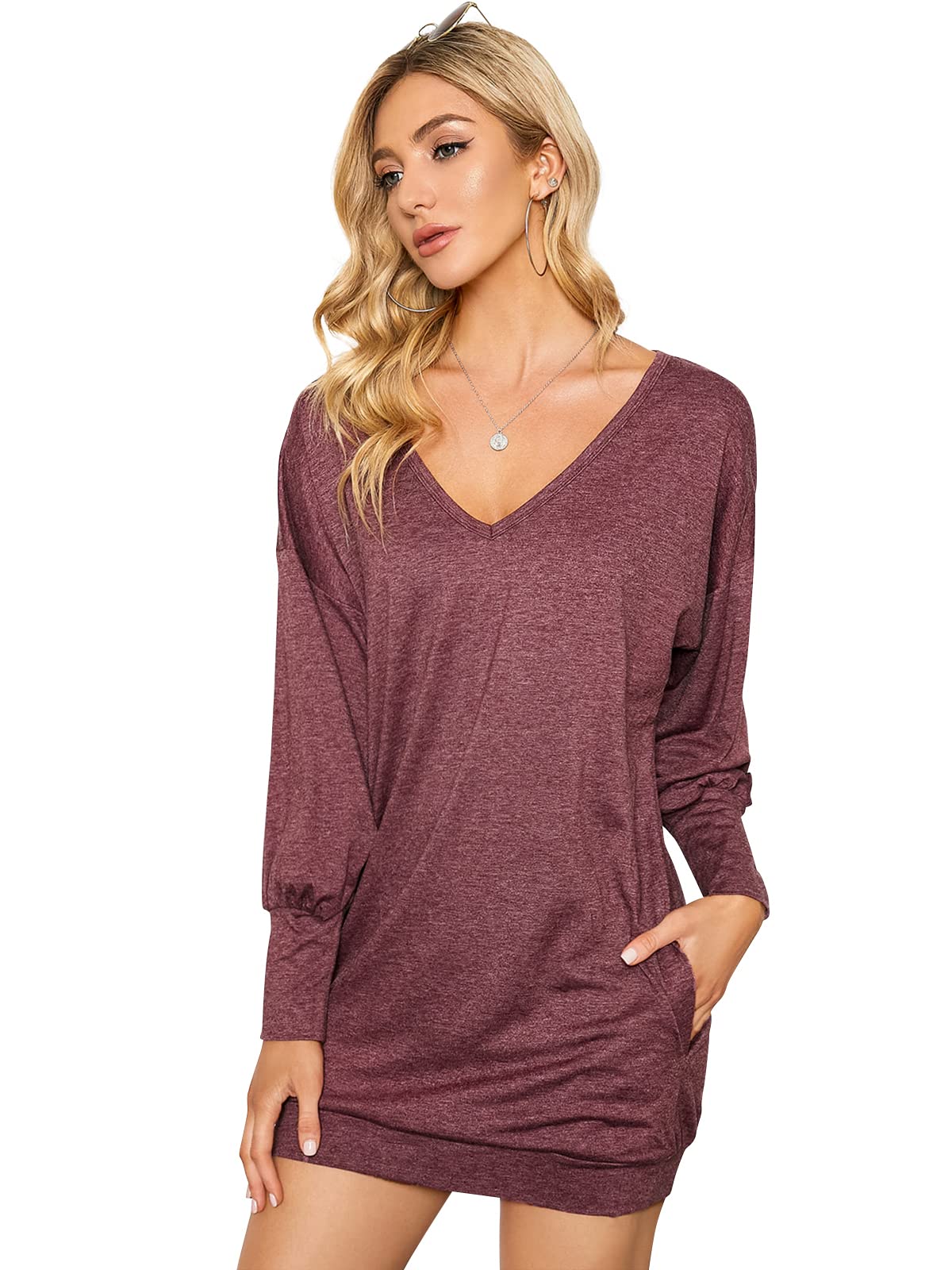 Zanzea Women's Plain Solid Wine Red Casual Loose Long Sleeve Jumpers Tops Baggy V Neck Pullover Blouse Tunic Sweatshirt Mini Dress Wine Red