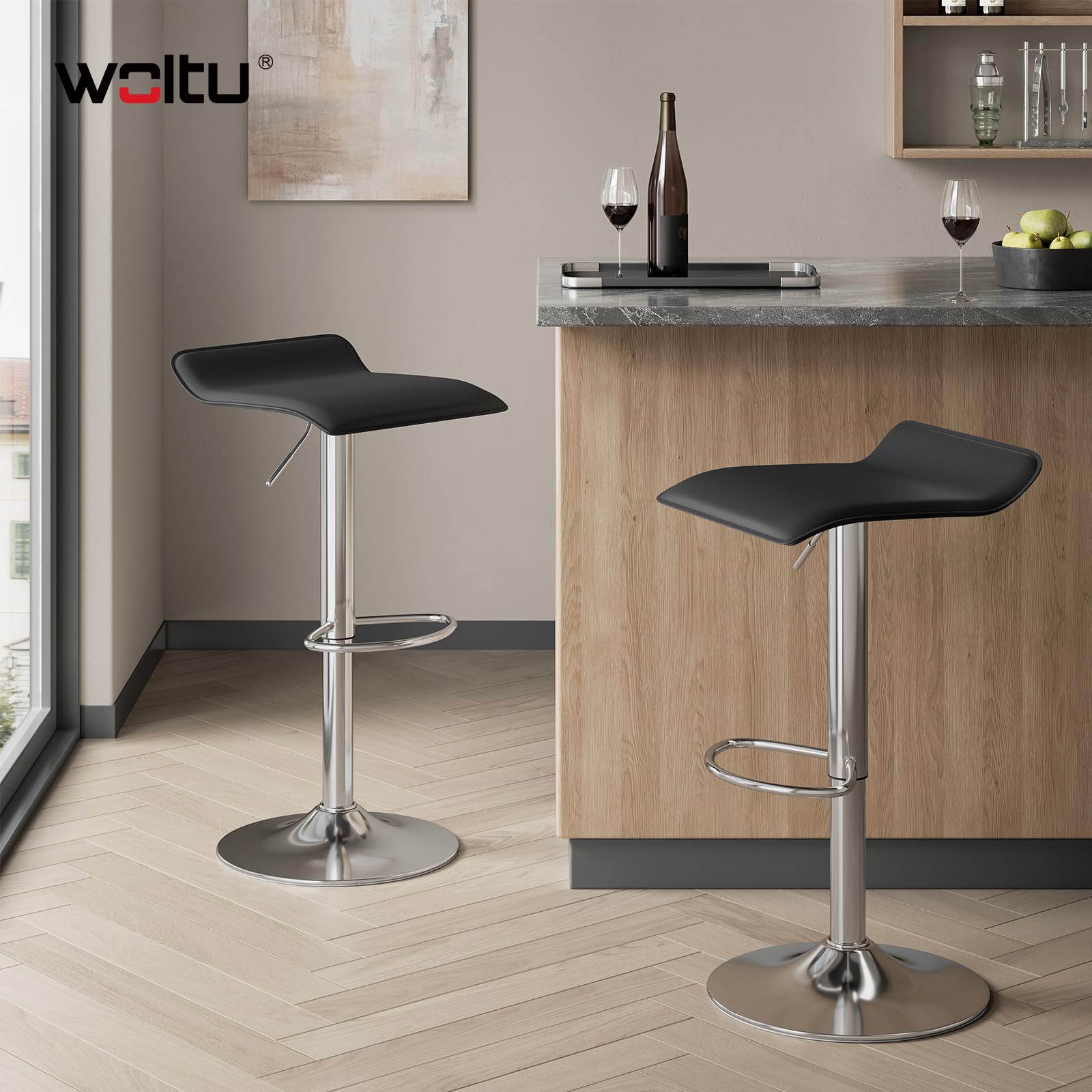 WOLTU Tabouret Bar, Hauteur Réglable, PVC+Métal, Noir+Argent | Chaise de bar, Siège pivotant à 360°, avec repose-pieds, pour Cuisine, Salle à Manger