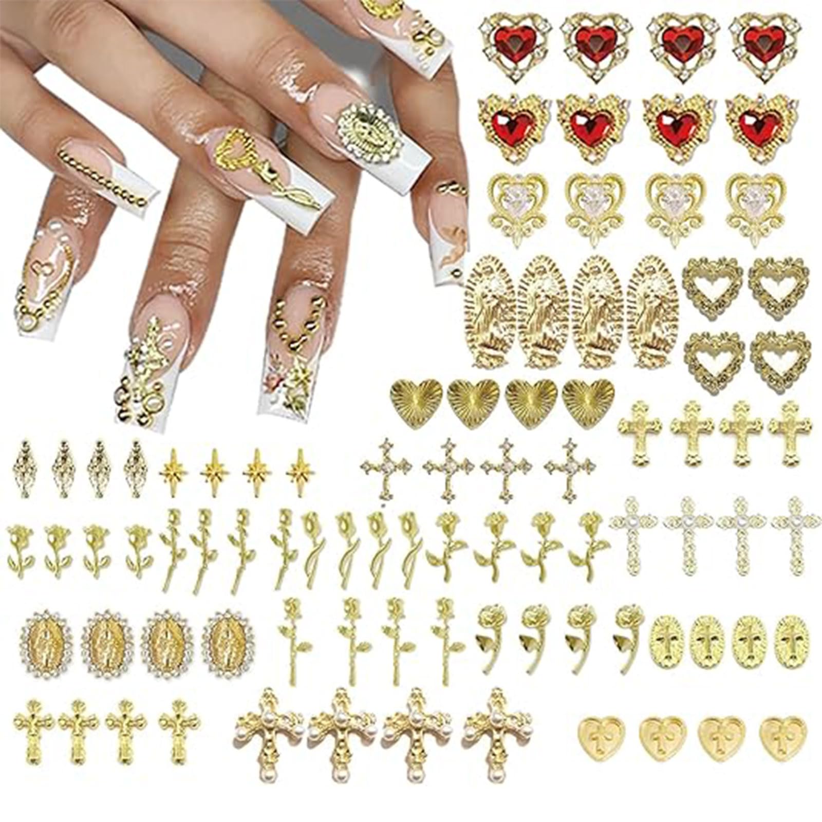 88 sztuk złotych zawieszek 3D na paznokcie, wysokiej jakości zdobienia paznokci, zawieszki do paznokci, ekskluzywne z kamieniami strasu dla luksusowego manicure
