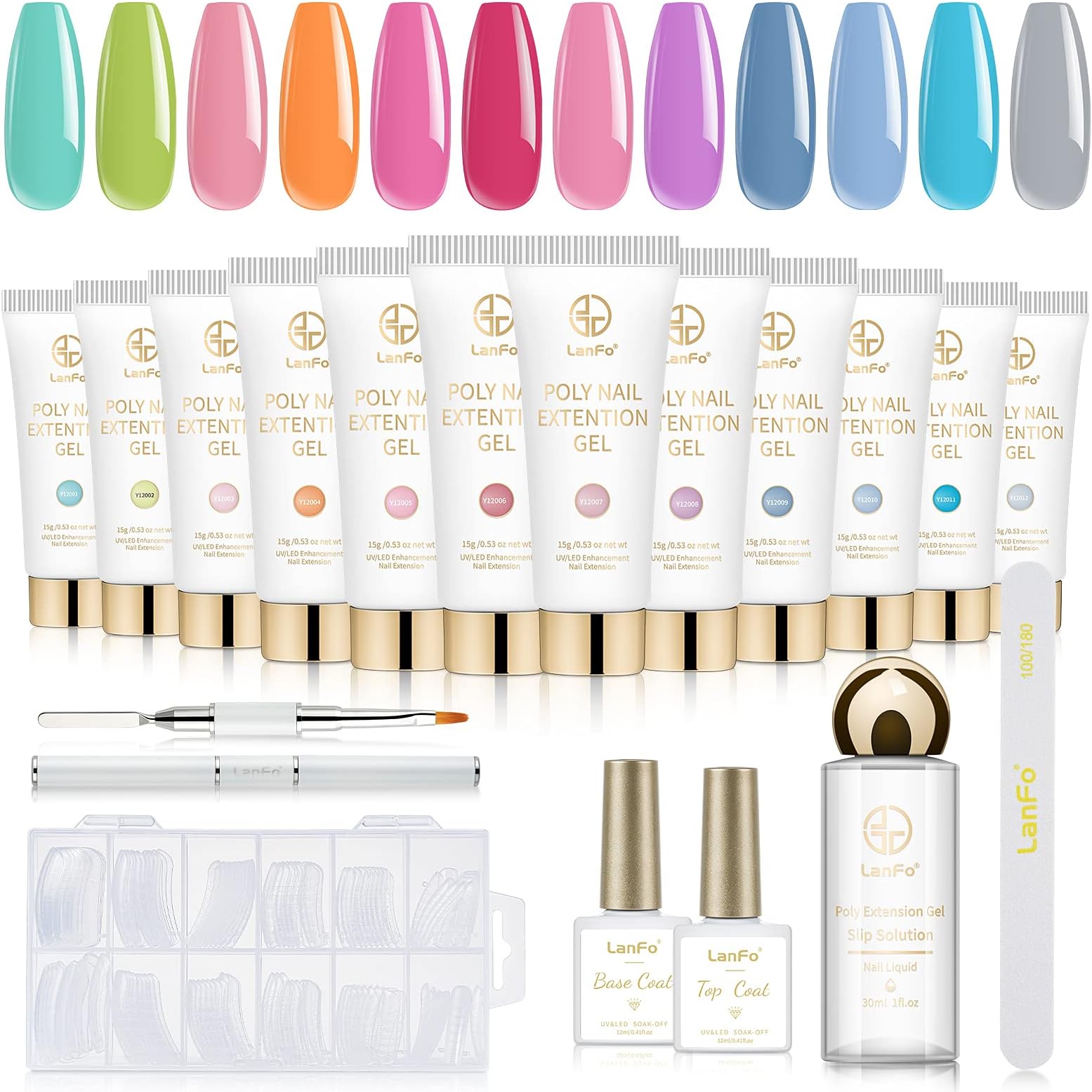 LanFo Poly Extension Gel Nail Kit Nail Builder Gel Enhancement Kit with 30ml Slip Solution, 12 Colors Poly Nail Extension Gel Art Equipment Beginner Set Acrylic Fashion Gel Set
