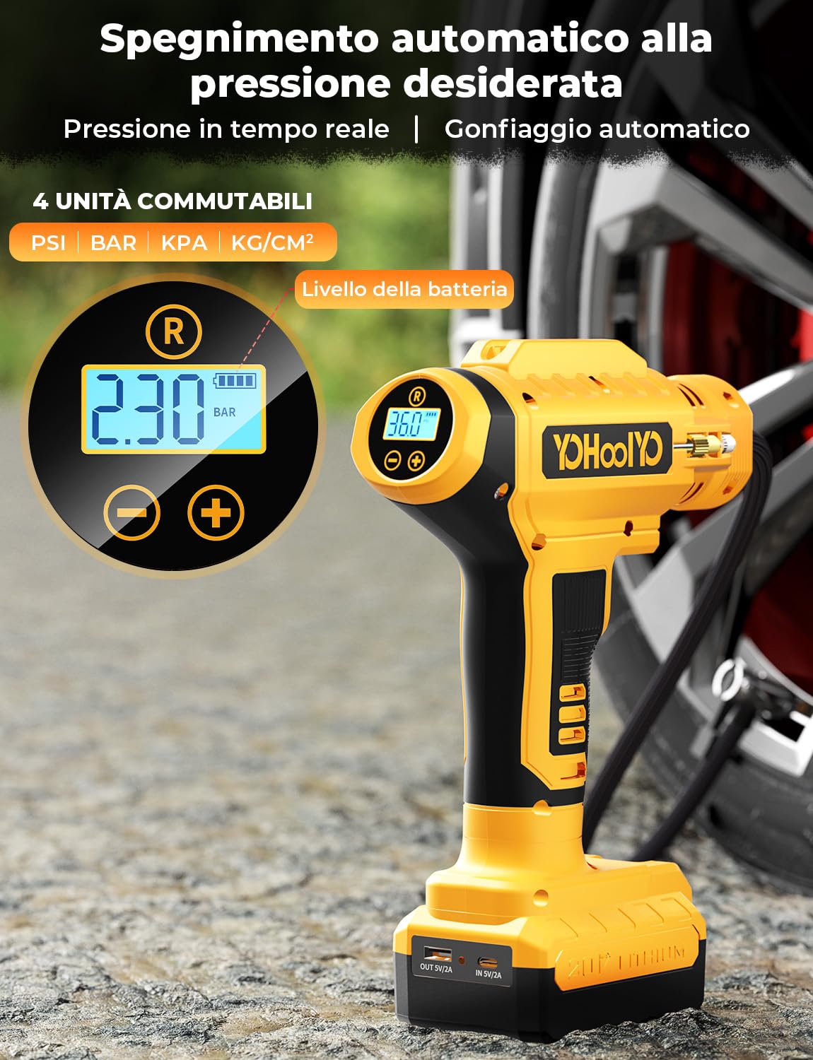 YOHOOLYO Compressore Aria Portatile per Pneumatici 150PSI Manometro Digitale LCD, luci a LED, Adatta per Auto,Biciclette, Moto e Palloncini