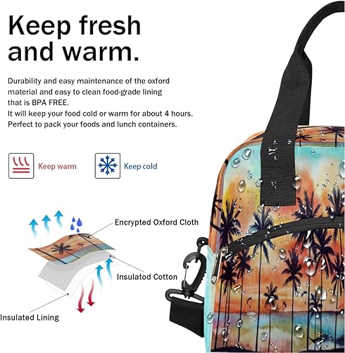 Miniatura 5 de Bolsa de almuerzo aislada para mujeres y hombres palmera mar océano pájaros lonchera reutilizable bolsa de almuerzo grande para el trabajo picnic