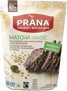 Prana Organic Matcha Magic - 62%Chocolate Bark Roasted Sesame Seeds, Crispy Pice & Matcha Tea - Fair trade Vegan Snacks, Non-GMO, 100g