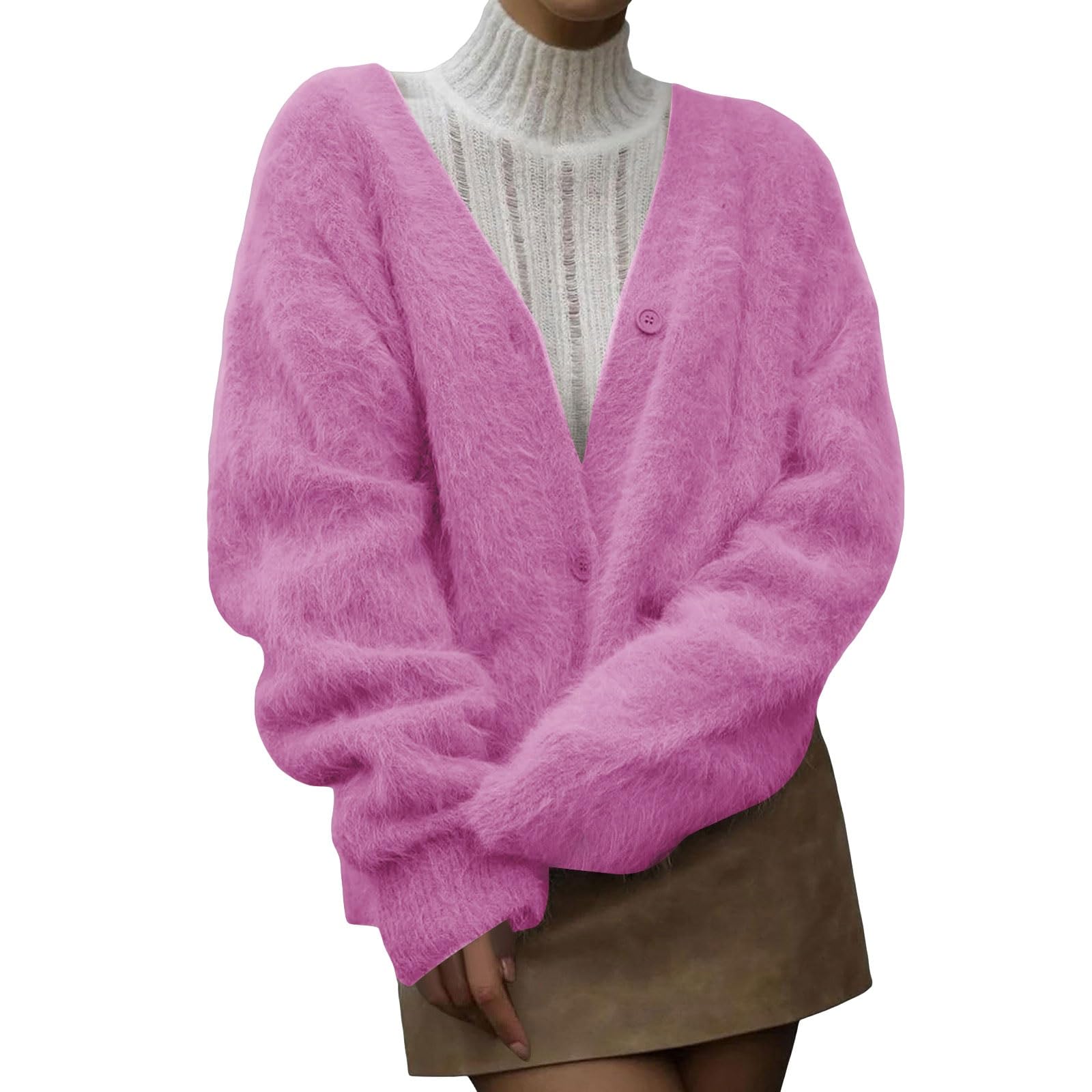 Womens Furry Cardigan Sweaters Fuzzy Button Up top Warm Slouchy Sweater Coat Vneck Soft Outerwear