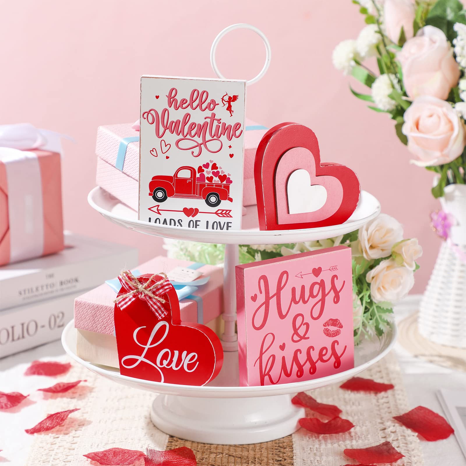 4 Pcs Valentines Day Decor Valentine's Day Wooden Heart Block Romantic Freestanding Truck and Love Arrow Block Table Centerpieces Sign Tiered Tray Table Decorations for Farmhouse Home Shelf