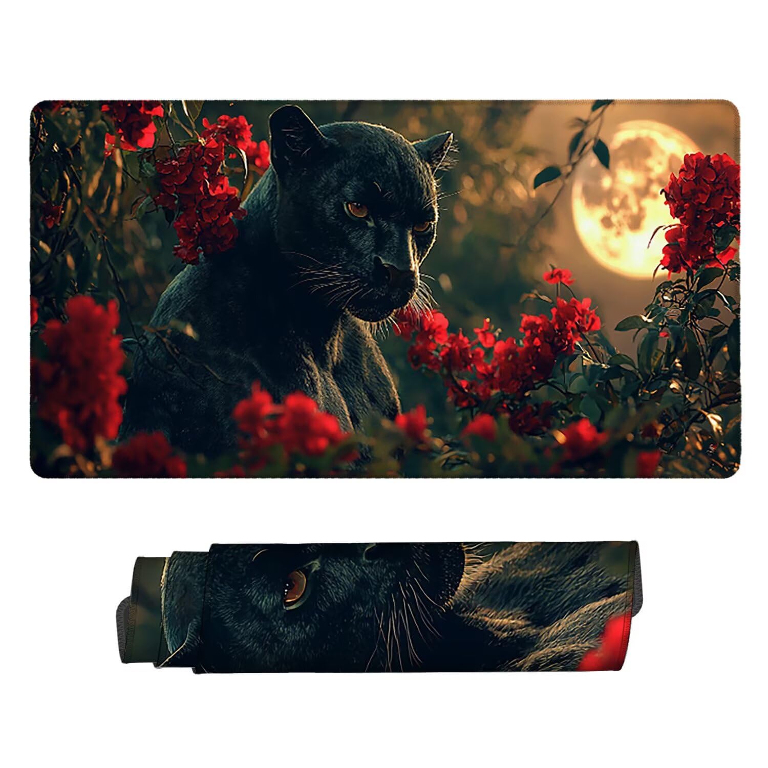 Large Game Tapis de Souris Lune Panthère Noire avec Base en Caoutchouc Antidérapant Extended XXL Long Clavier Pad de Table Grand Tapis Souris, pour Accessoires Gaming 100 x 50 cm k-1122