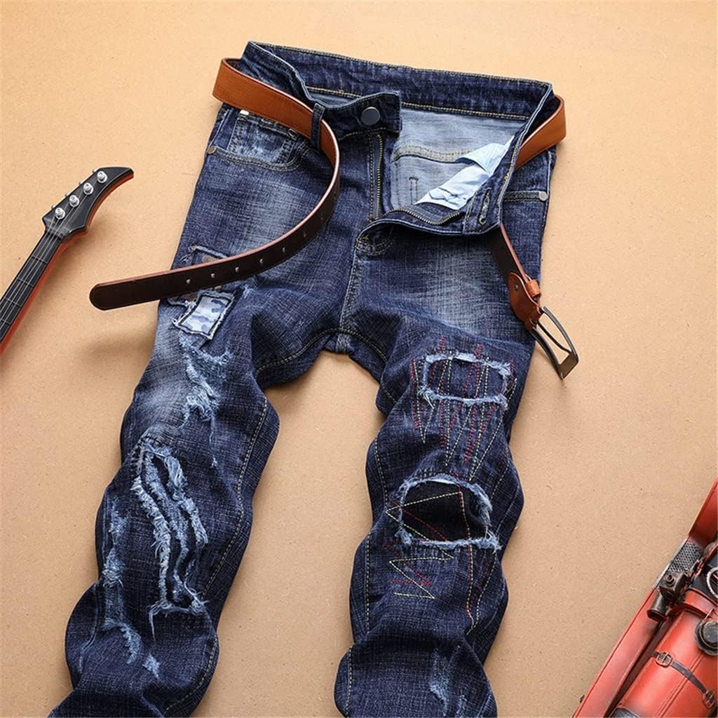 Men Jeans Pants Ripped Slim Denim Trousers Biker Male Straight Casual Patchwork