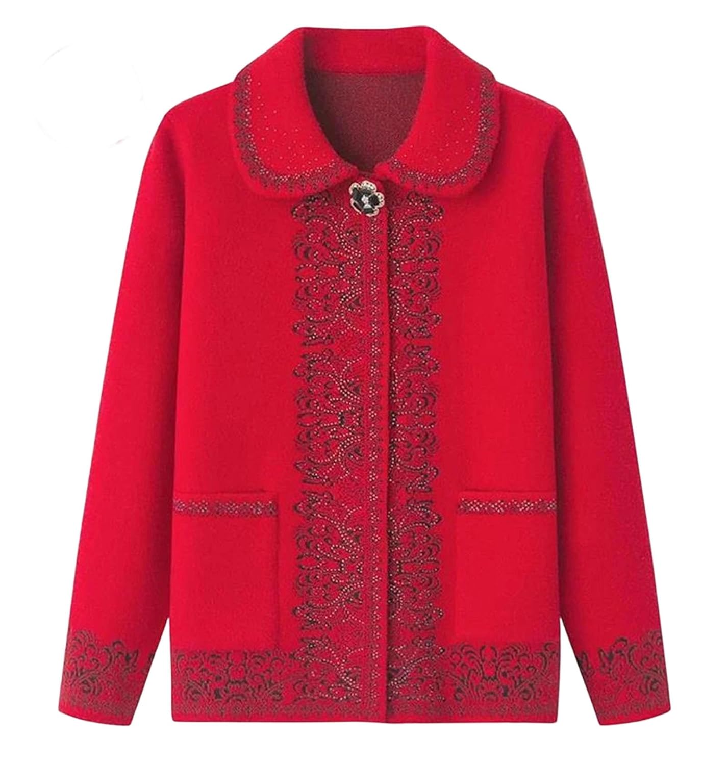 Elderly Women Fleece Knit Cardigan Sweater Coat Warm Fall Winter Button Front Casual Outerwear with Pockets