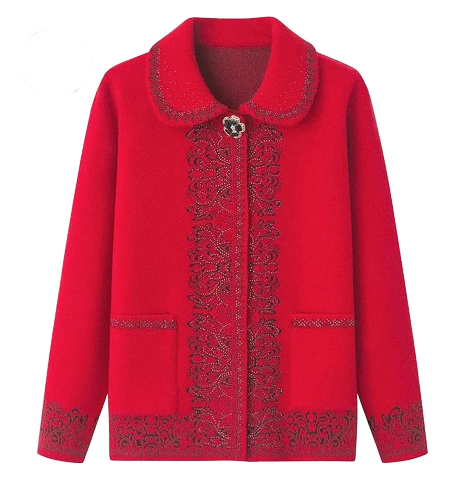 Elderly Women Fleece Knit Cardigan Sweater Coat Warm Fall Winter Button Front Casual Outerwear with Pockets