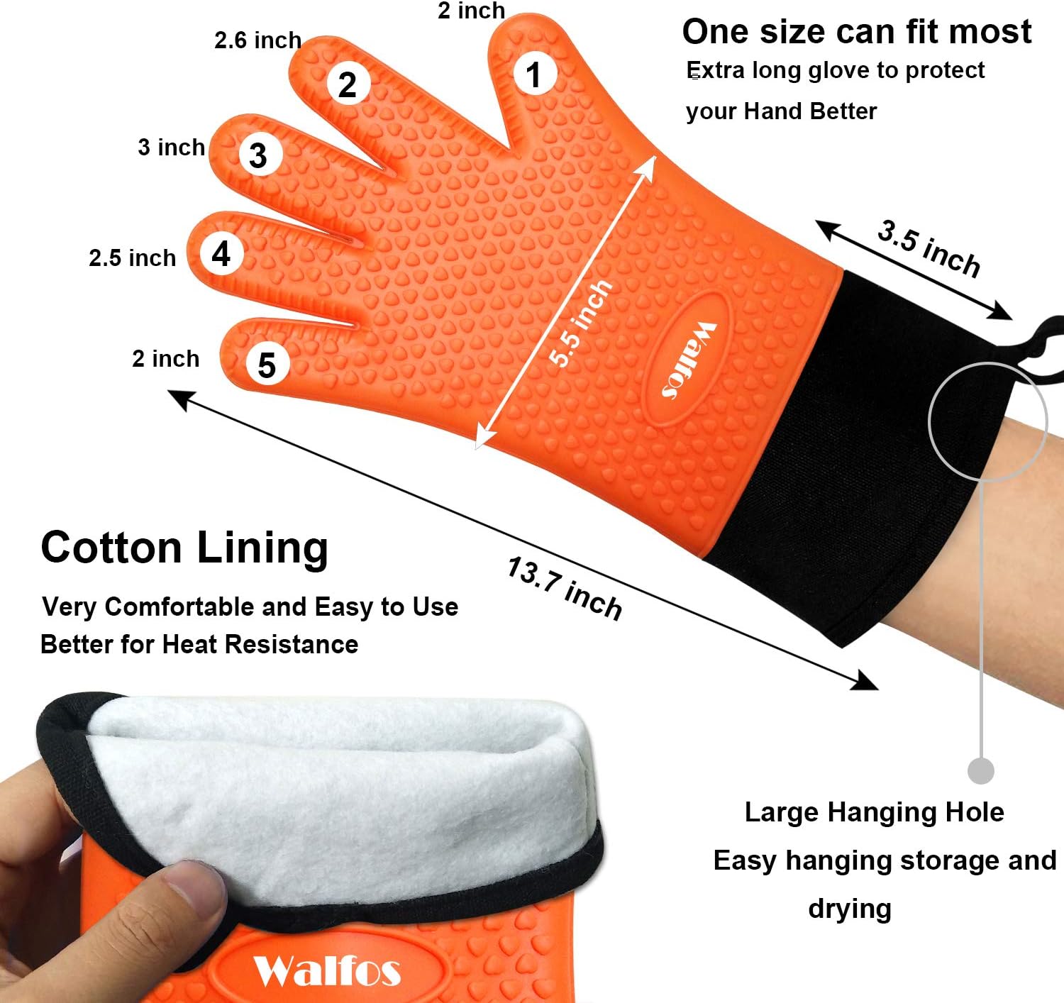 Walfos Grilling Gloves - Heat Resistant Silicone Oven Mitt, Premium Non-Slip Silicone Internal Protective Cotton Layer, Waterproof, Great for Grilling, Kitchen and Cooking (Orange) : Everything Else