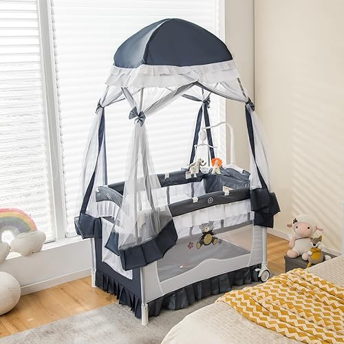 Miniatura 2 de HONEY JOY Parque y Juego 4 en 1 con Toldo, Corralito Portátil para Bebé con Mesa Cambiador y Moisés Infantil, Juguetes Lindos y Música, Moisés